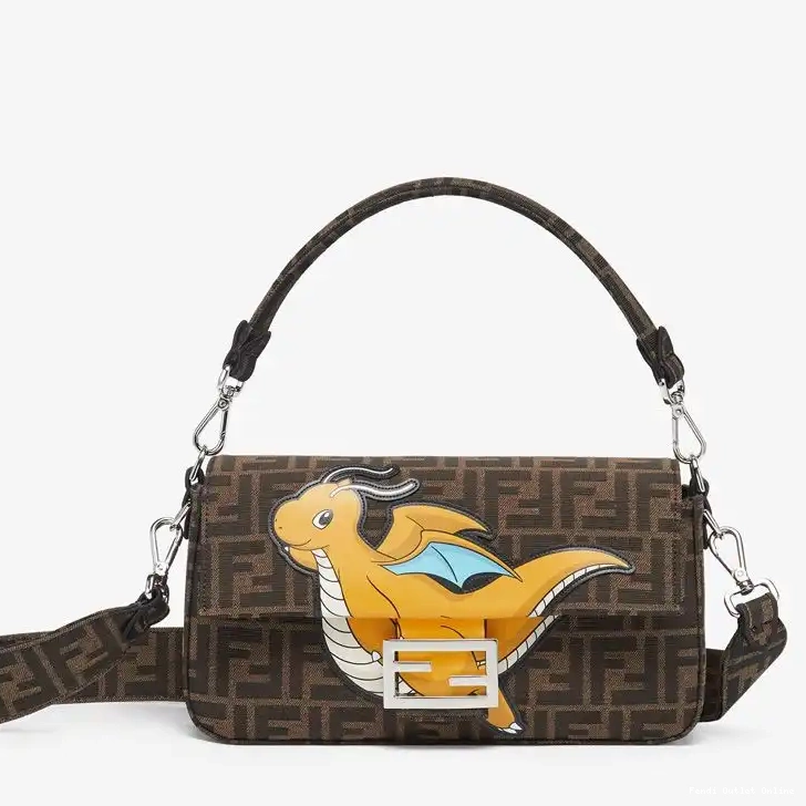 Affordable Pokmon Fendi Bag FF Motif Dragon Fabric In Brown Yellow Medium Baguette 0513